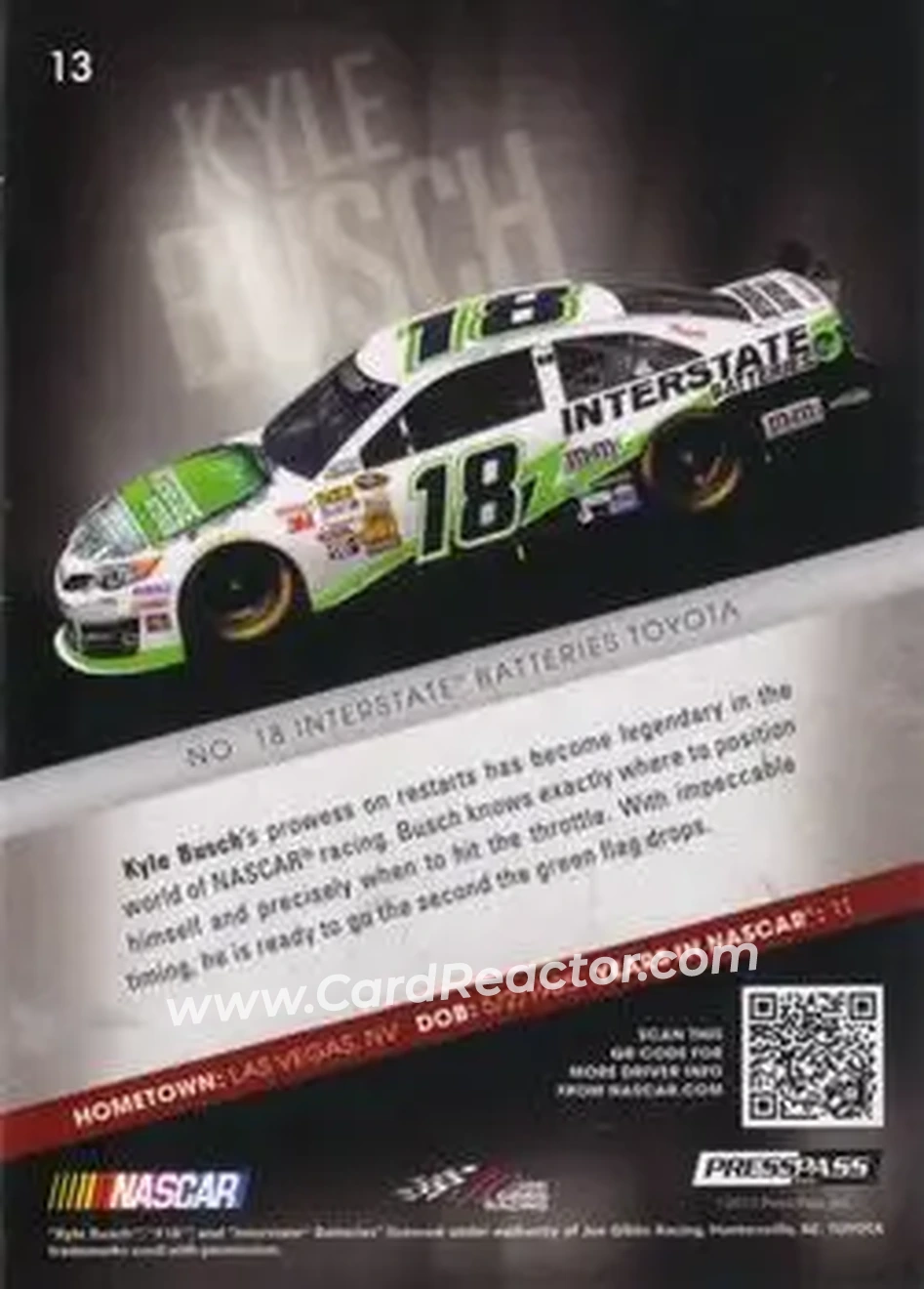2013 Press Pass Redline #13 - Kyle Busch - Joe Gibbs Racing - Back