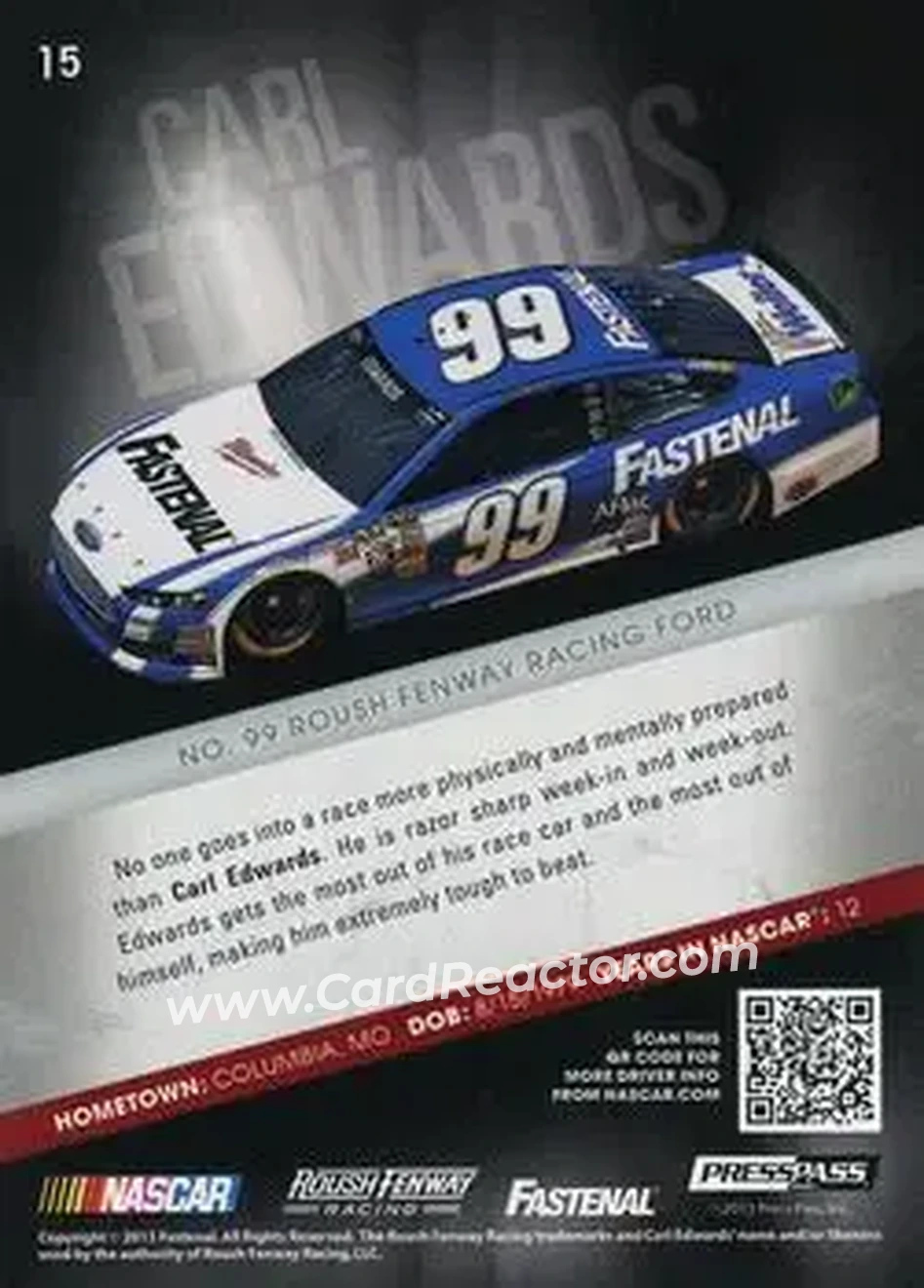 2013 Press Pass Redline #15 - Carl Edwards - Roush Fenway Racing - Back