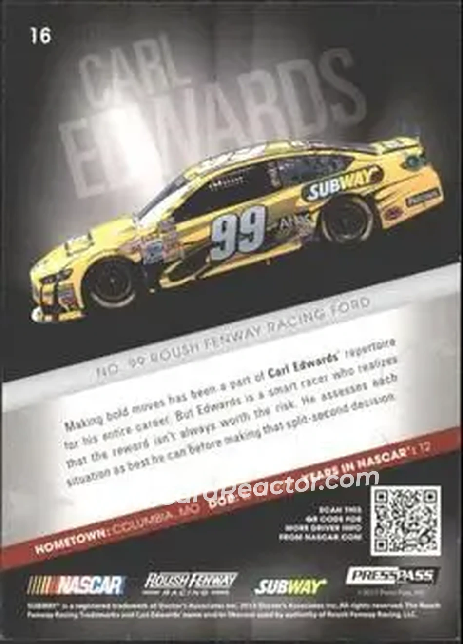 2013 Press Pass Redline #16 - Carl Edwards - Roush Fenway Racing - Back
