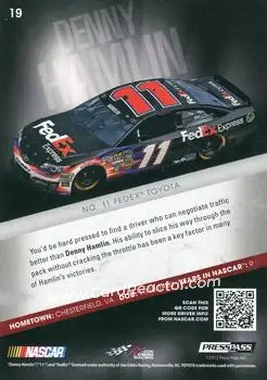 2013 Press Pass Redline #19 - Denny Hamlin - Joe Gibbs Racing - Back