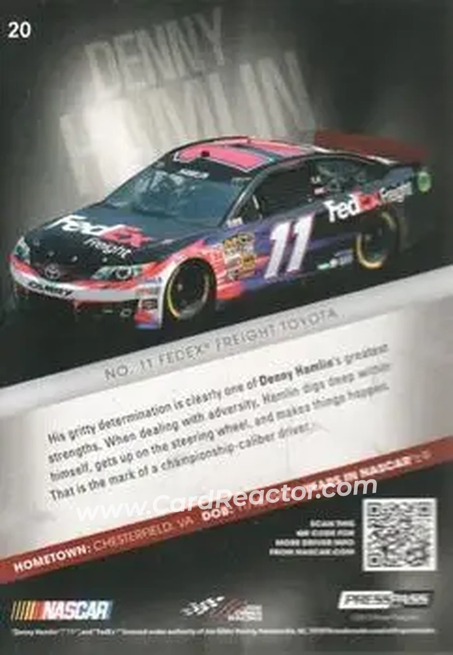 2013 Press Pass Redline #20 - Denny Hamlin - Joe Gibbs Racing - Back