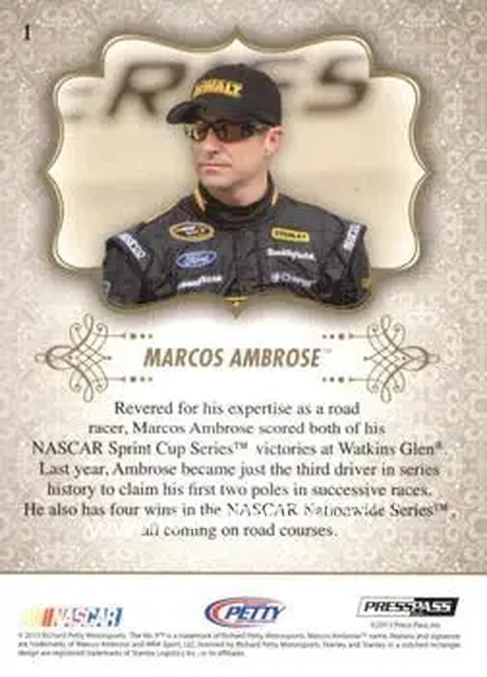 2013 Press Pass Showcase #1 - Marcos Ambrose - Richard Petty Motorsports - Back