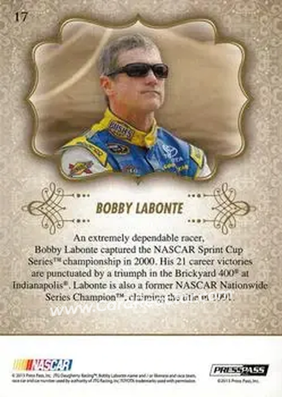 2013 Press Pass Showcase #17 - Bobby Labonte - JTG Daugherty Racing - Back