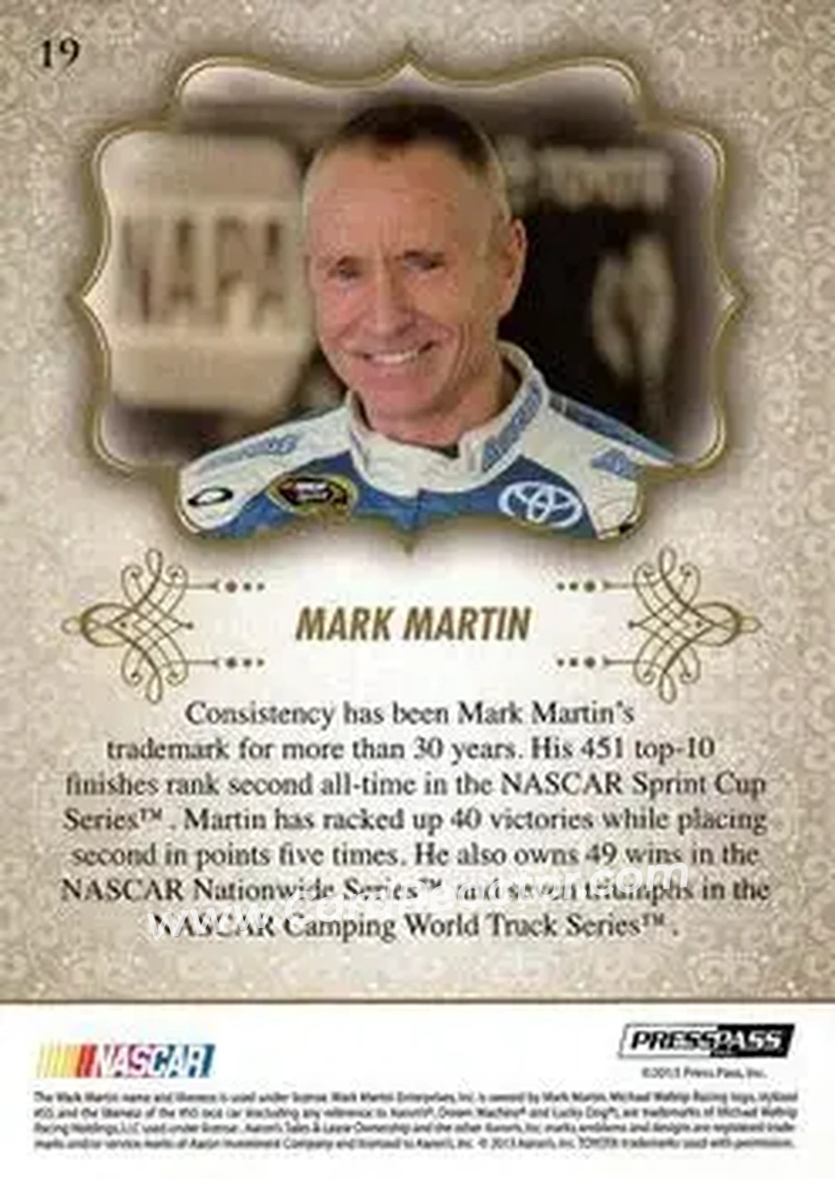 2013 Press Pass Showcase #19 - Mark Martin - Michael Waltrip Racing - Back