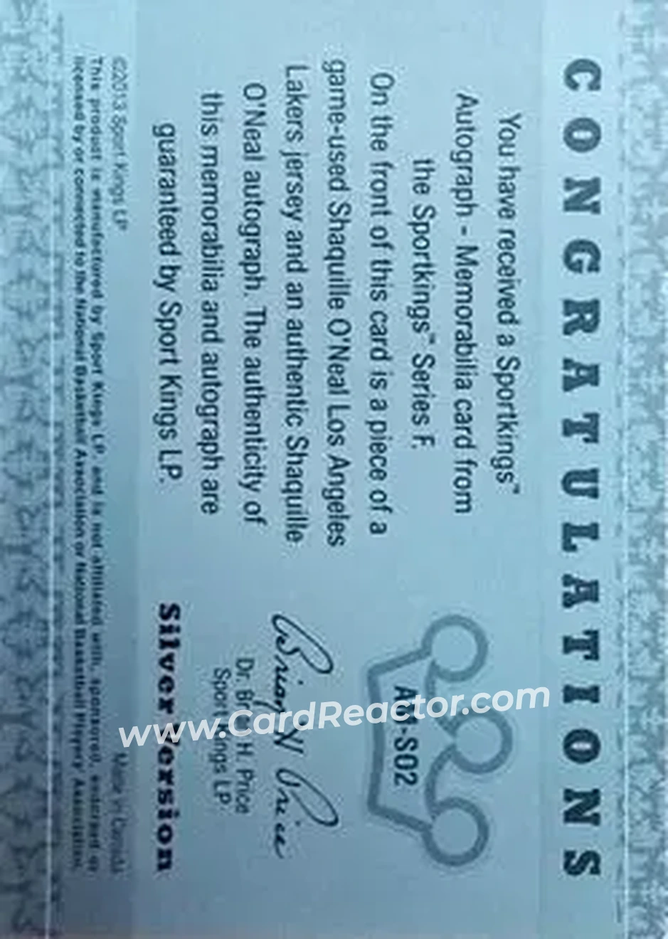 2013 Sportkings Series F - Autograph Memorabilia Silver #AM-SO2 - Shaquille O'Neal - Back