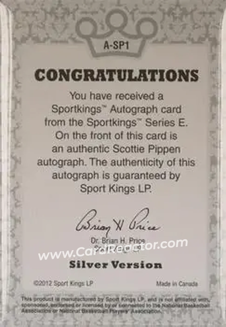 2013 Sportkings Series F - Autographs Silver #A-SP1 - Scottie Pippen - Back 2013 Sportkings Series F - Autographs Silver #A-SP1 - Scottie Pippen - Back
