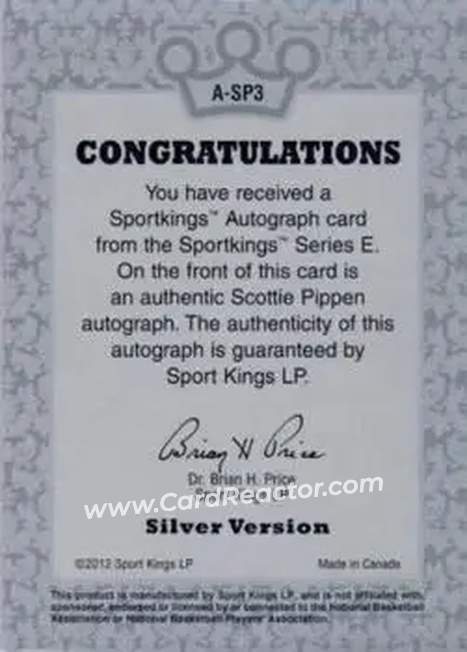 2013 Sportkings Series F - Autographs Silver #A-SP3 - Scottie Pippen - Back