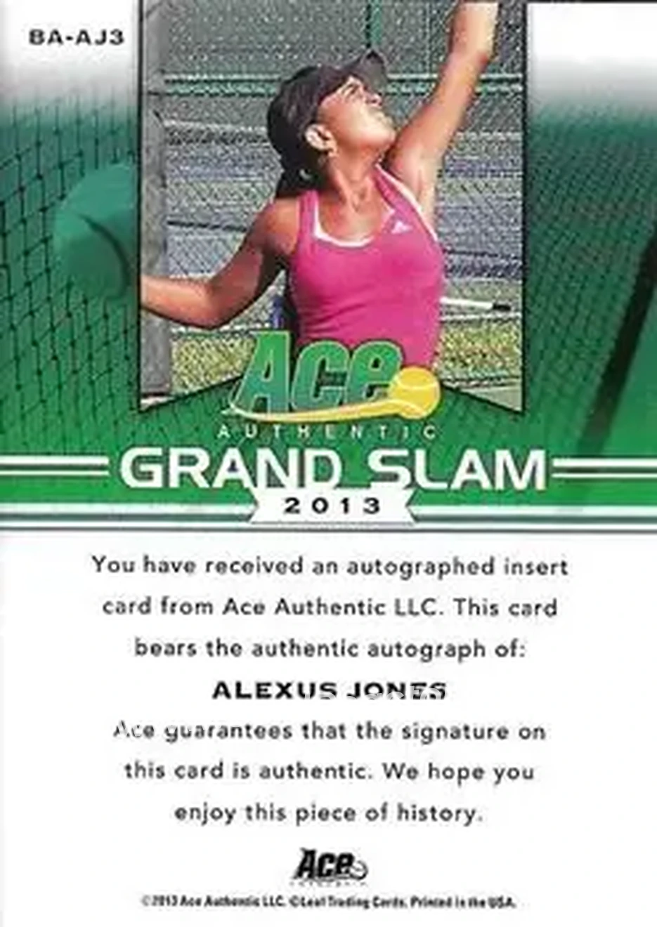 2013 Leaf Ace Authentic Grand Slam #BA-AJ3 - Alexus Jones - Back