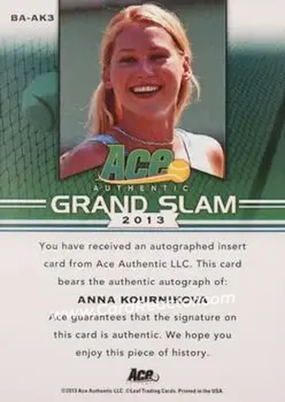 2013 Leaf Ace Authentic Grand Slam #BA-AK3 - Anna Kournikova - Back