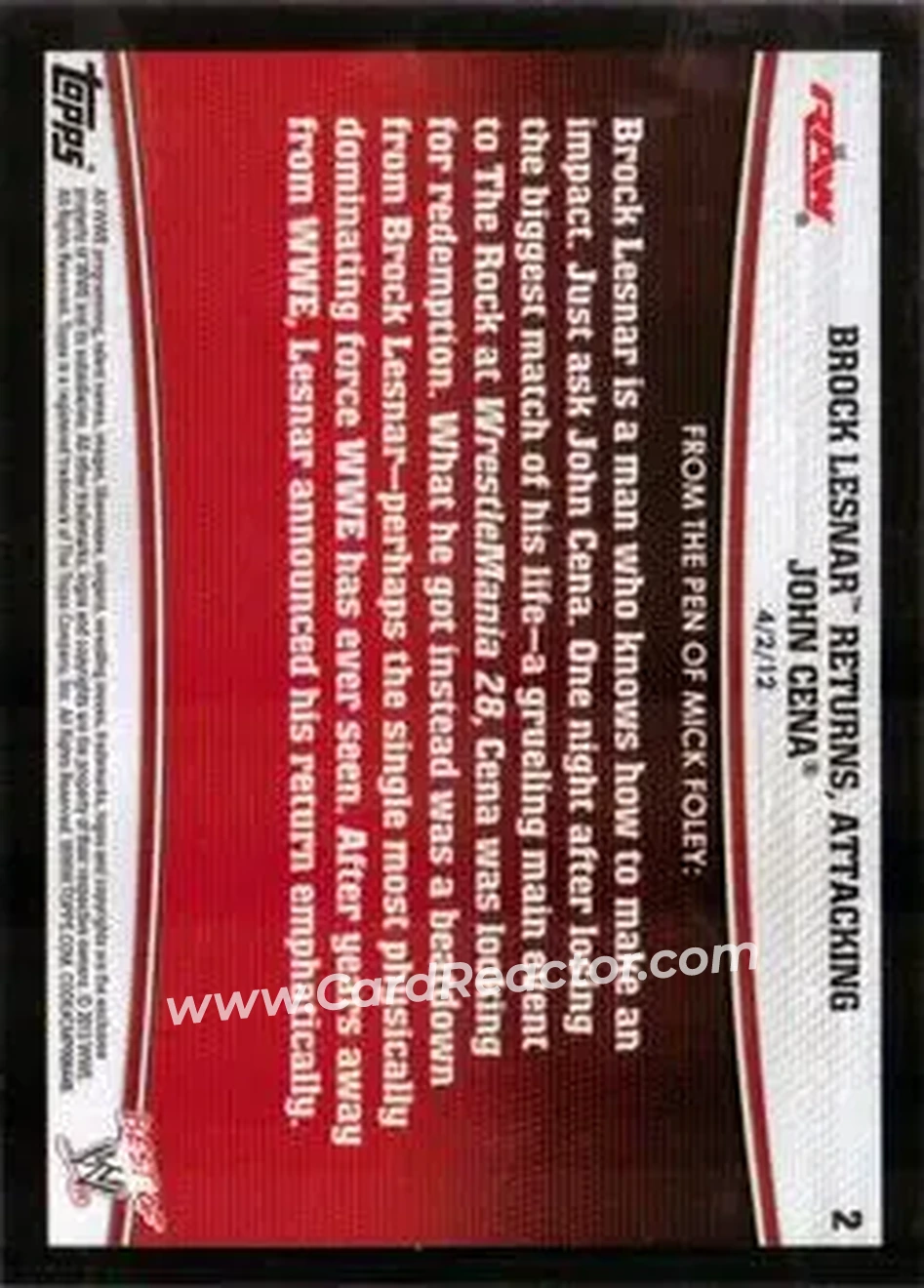 2013 Topps Best of WWE #2 - Brock Lesnar Returns, Attacking John Cena - Back