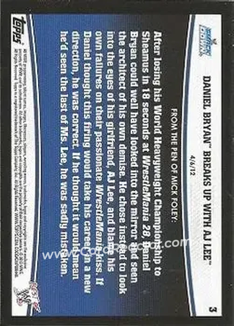 2013 Topps Best of WWE #3 - Daniel Bryan Breaks up with AJ Lee - Back
