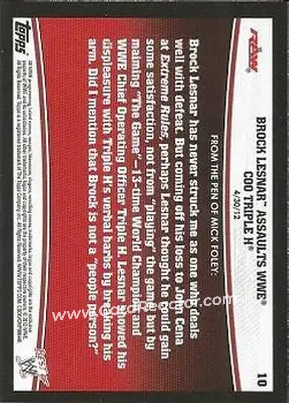 2013 Topps Best of WWE #10 - Brock Lesnar Assaults WWE COO Triple H - Back