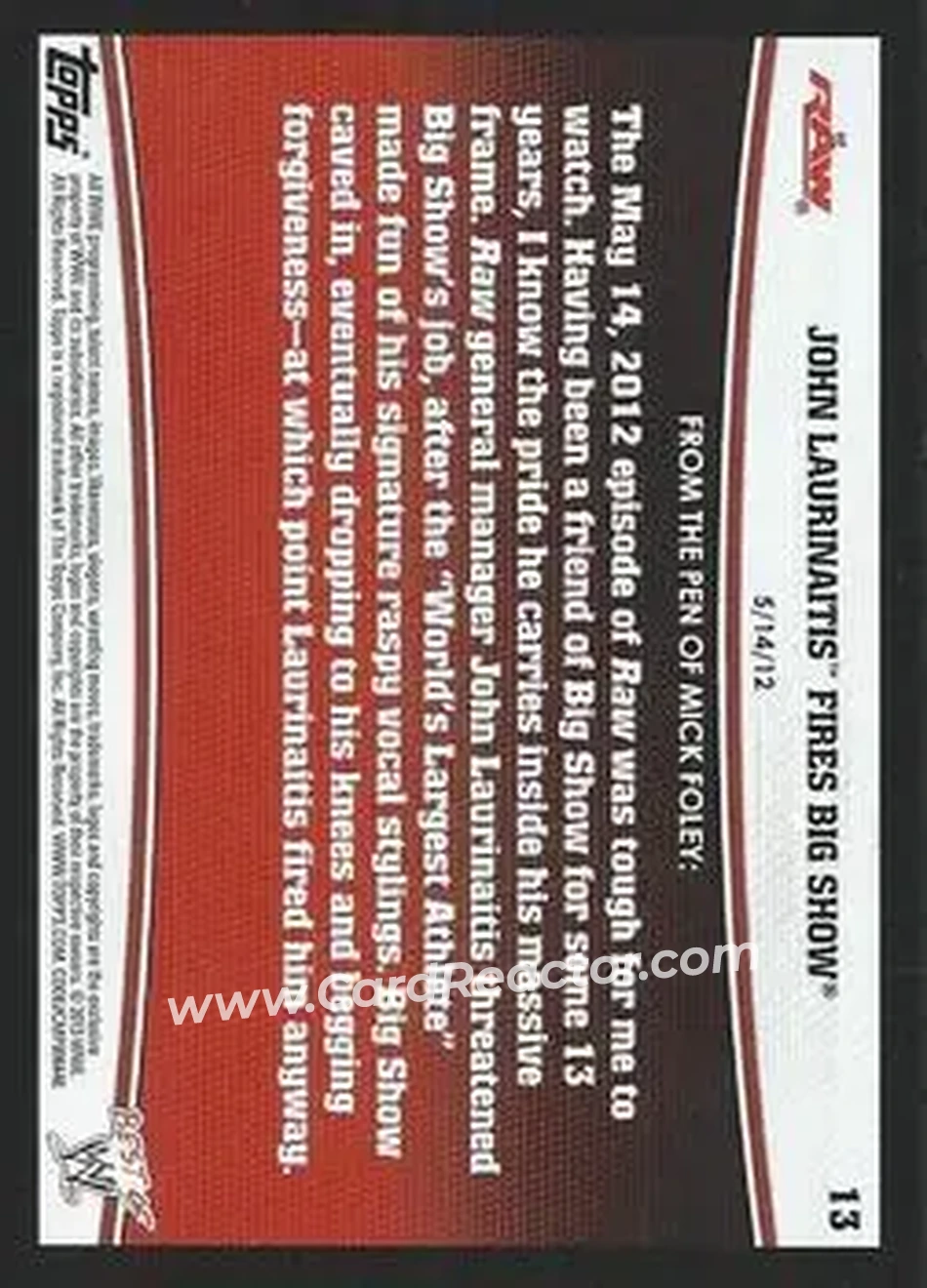 2013 Topps Best of WWE #13 - John Laurinaitis Fires Big Show - Back