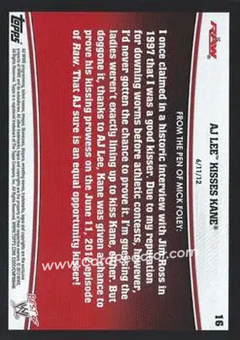 2013 Topps Best of WWE #16 - AJ Lee Kisses Kane - Back