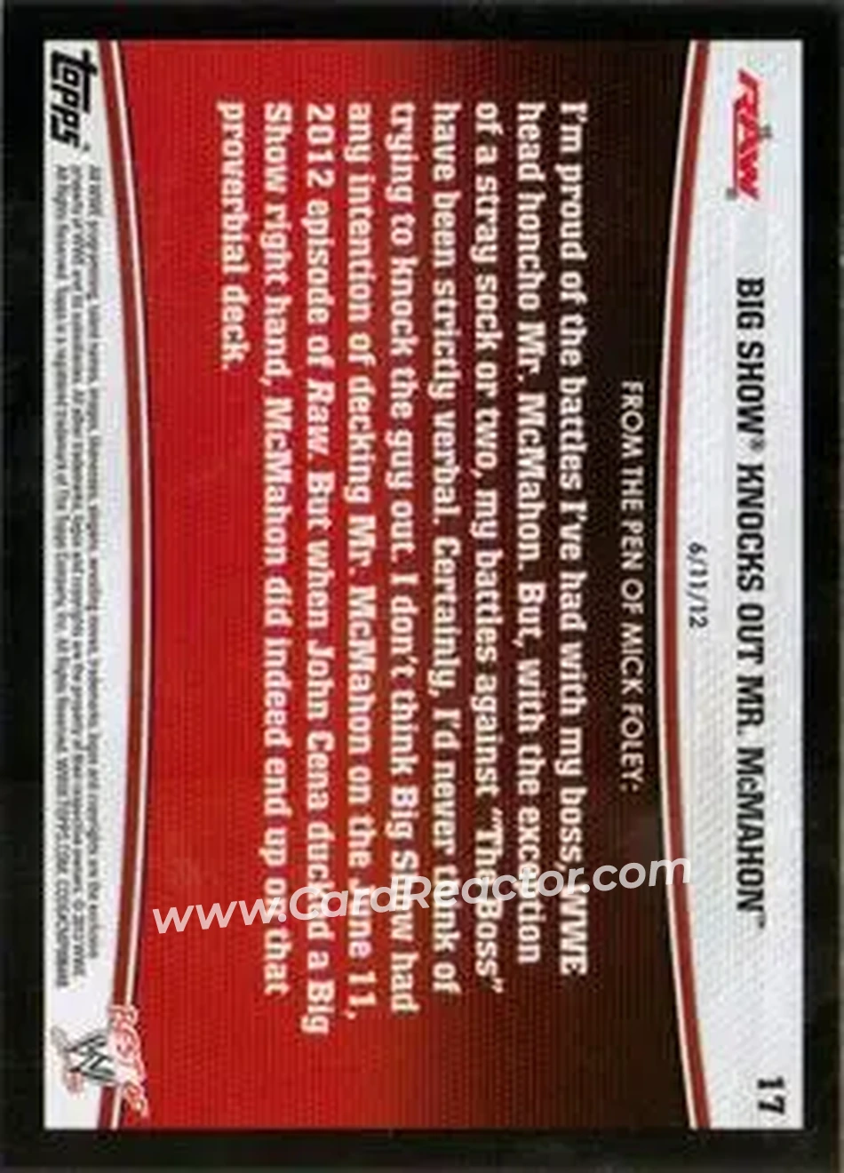 2013 Topps Best of WWE #17 - Big Show Knocks Out Mr. McMahon - Back