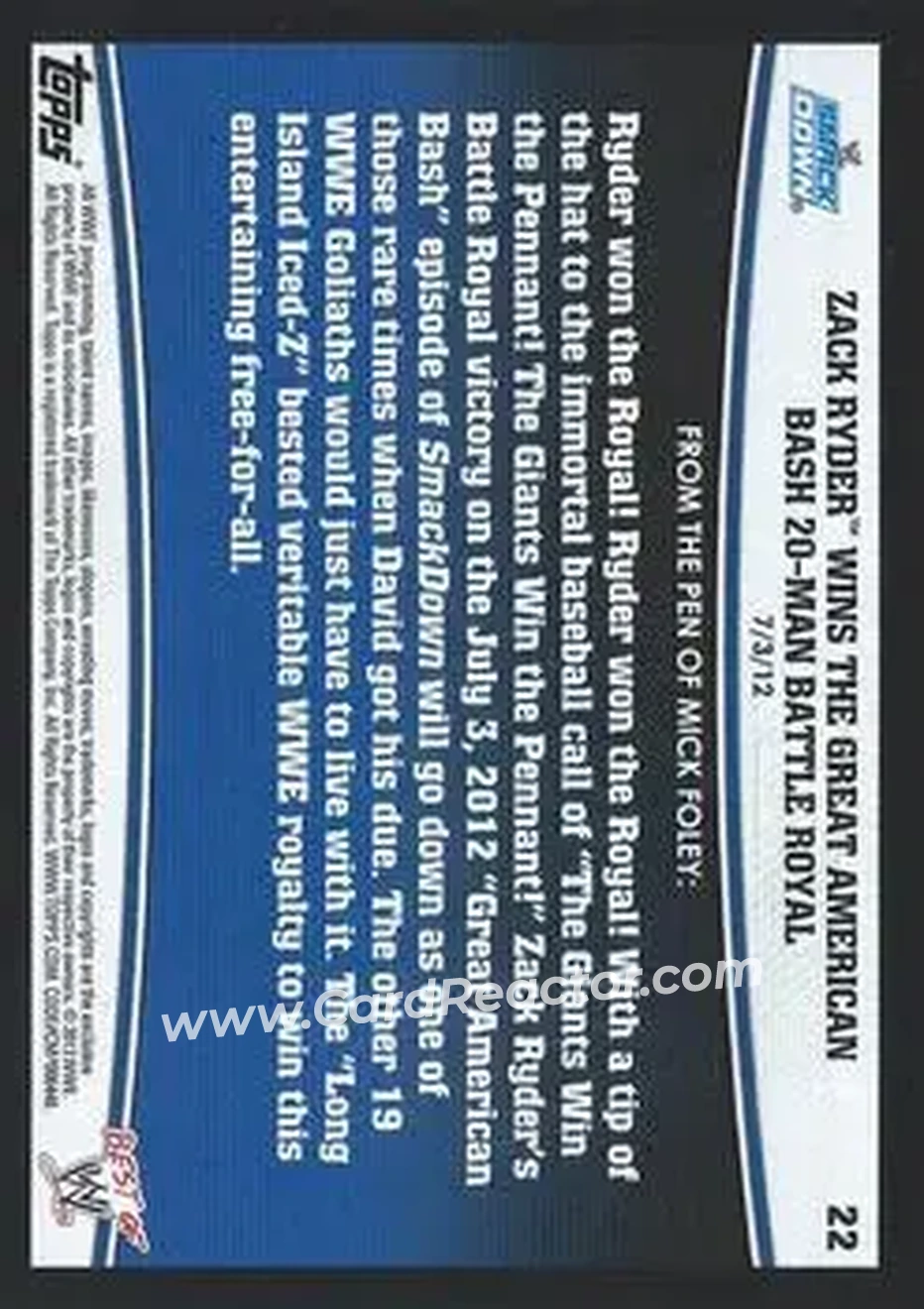 2013 Topps Best of WWE #22 - Zack Ryder Wins The Great American Bash 20 Man Battle Royal - Back