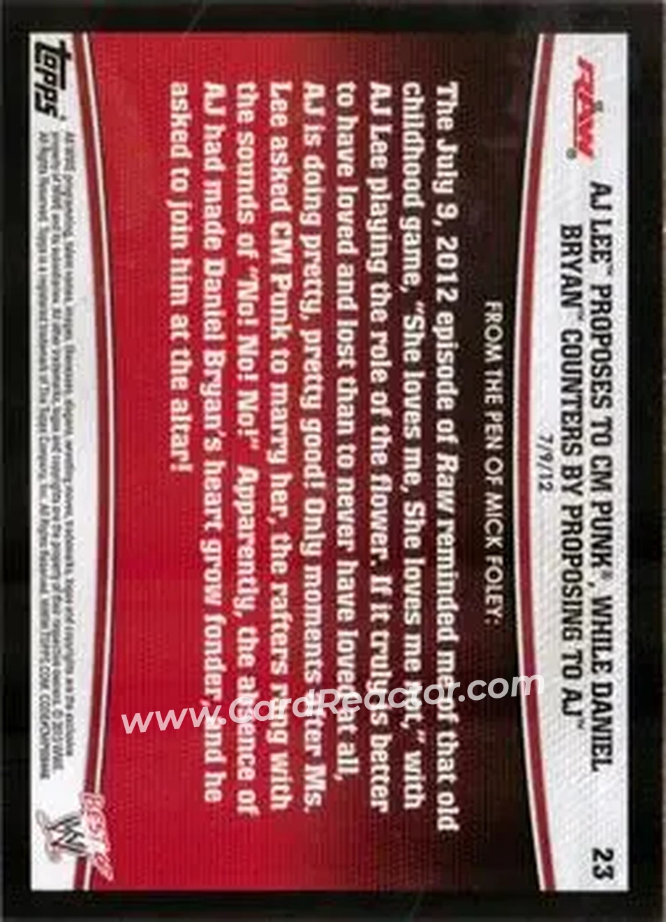 2013 Topps Best of WWE #23 - AJ Lee Proposes to CM Punk, While Daniel Bryan Counters by Proposing to AJ - Back