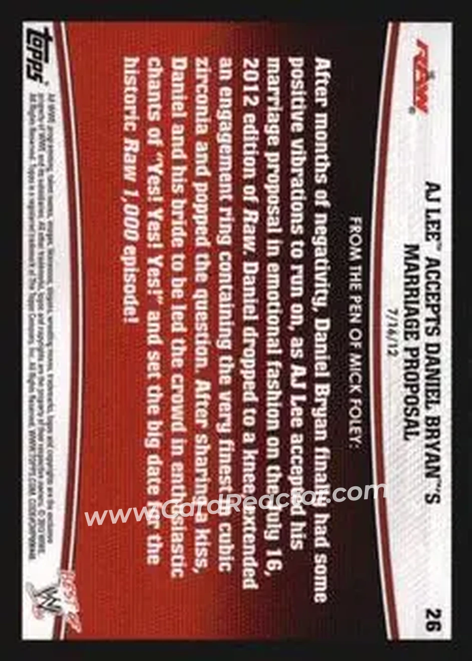 2013 Topps Best of WWE #26 - AJ Lee Accepts Daniel Bryan's Marriage Proposal - Back