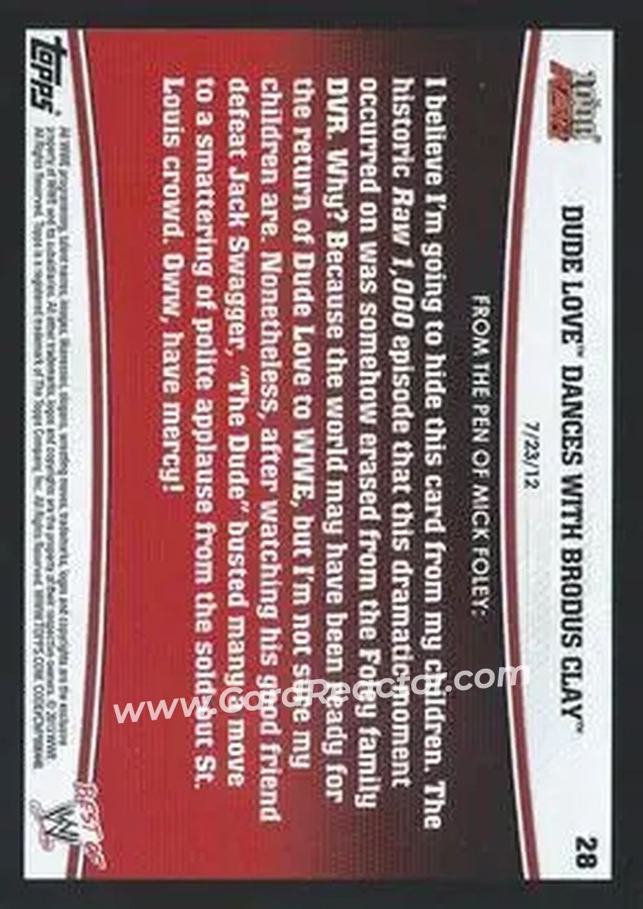 2013 Topps Best of WWE #28 - Dude Love Dances with Brodus Clay - Back