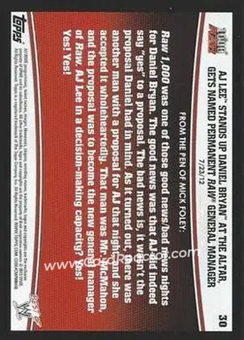 2013 Topps Best of WWE #30 - AJ Lee Stands up Daniel Bryan at the Altar, Gets Named Permanent Raw General Manager - Back