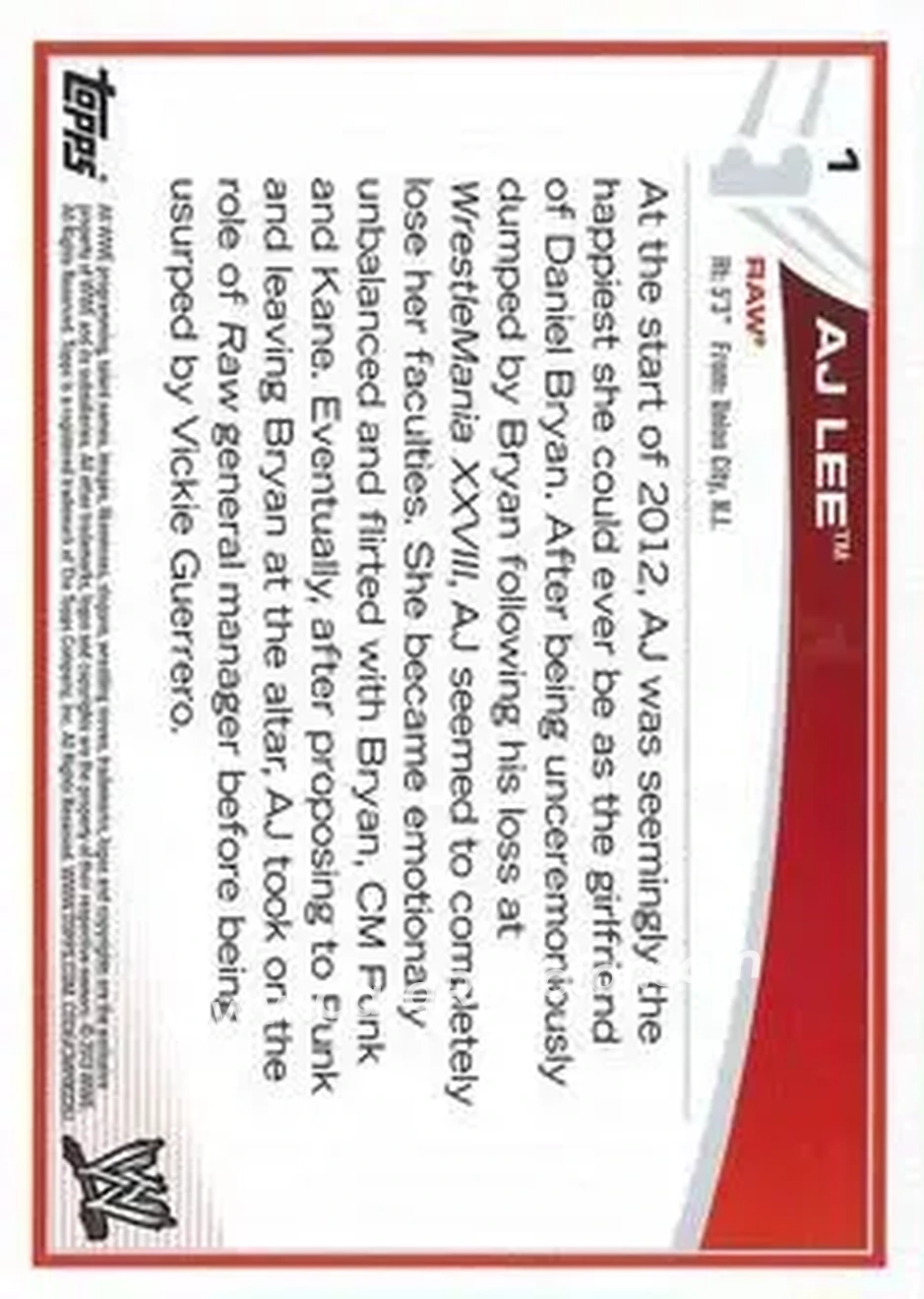 2013 Topps WWE #1 - AJ Lee - Back