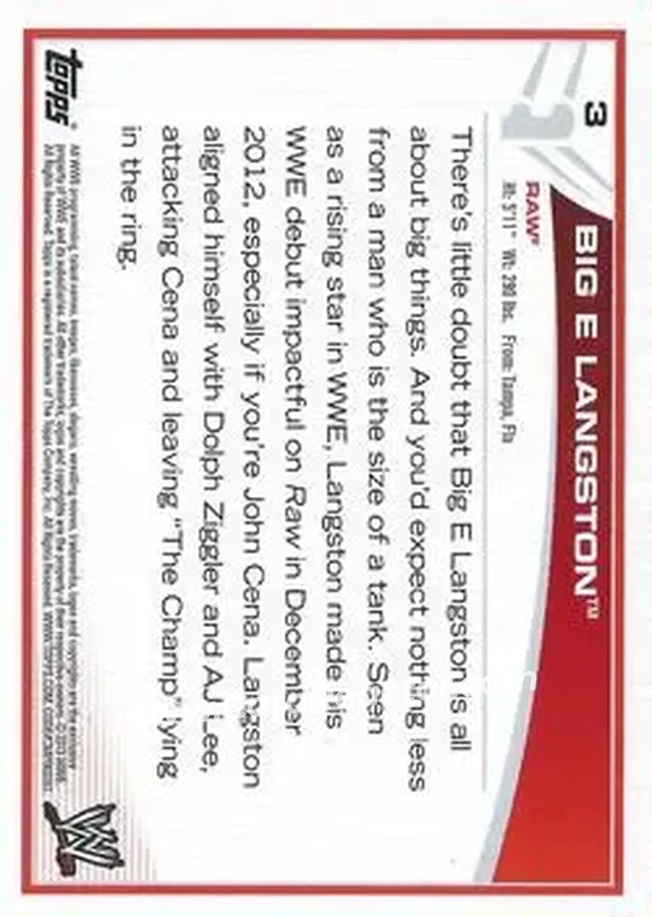 2013 Topps WWE #3 - Big E - Back