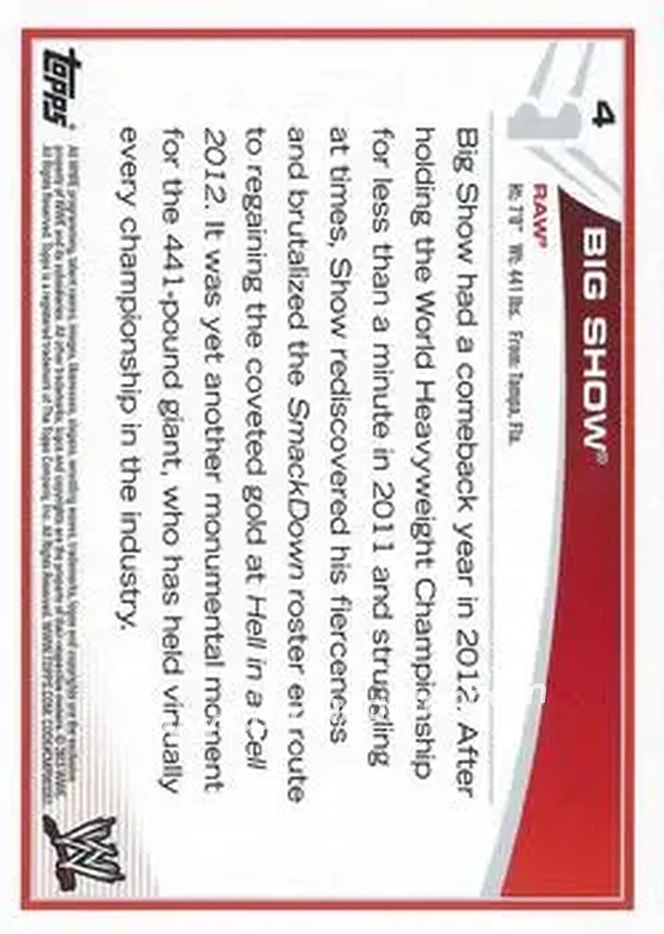 2013 Topps WWE #4 - Big Show - Back