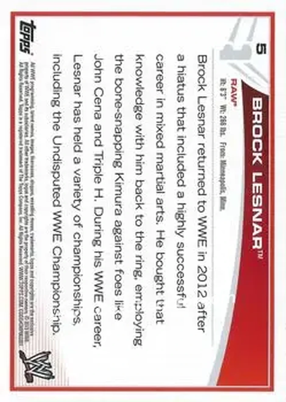 2013 Topps WWE #5 - Brock Lesnar - Back