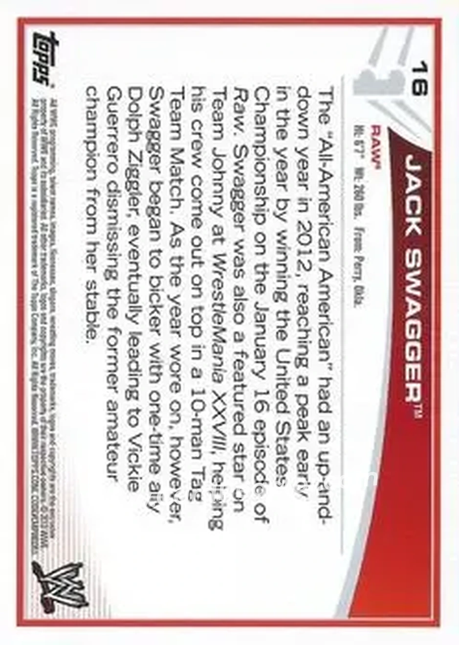 2013 Topps WWE #16 - Jake Hager - Back