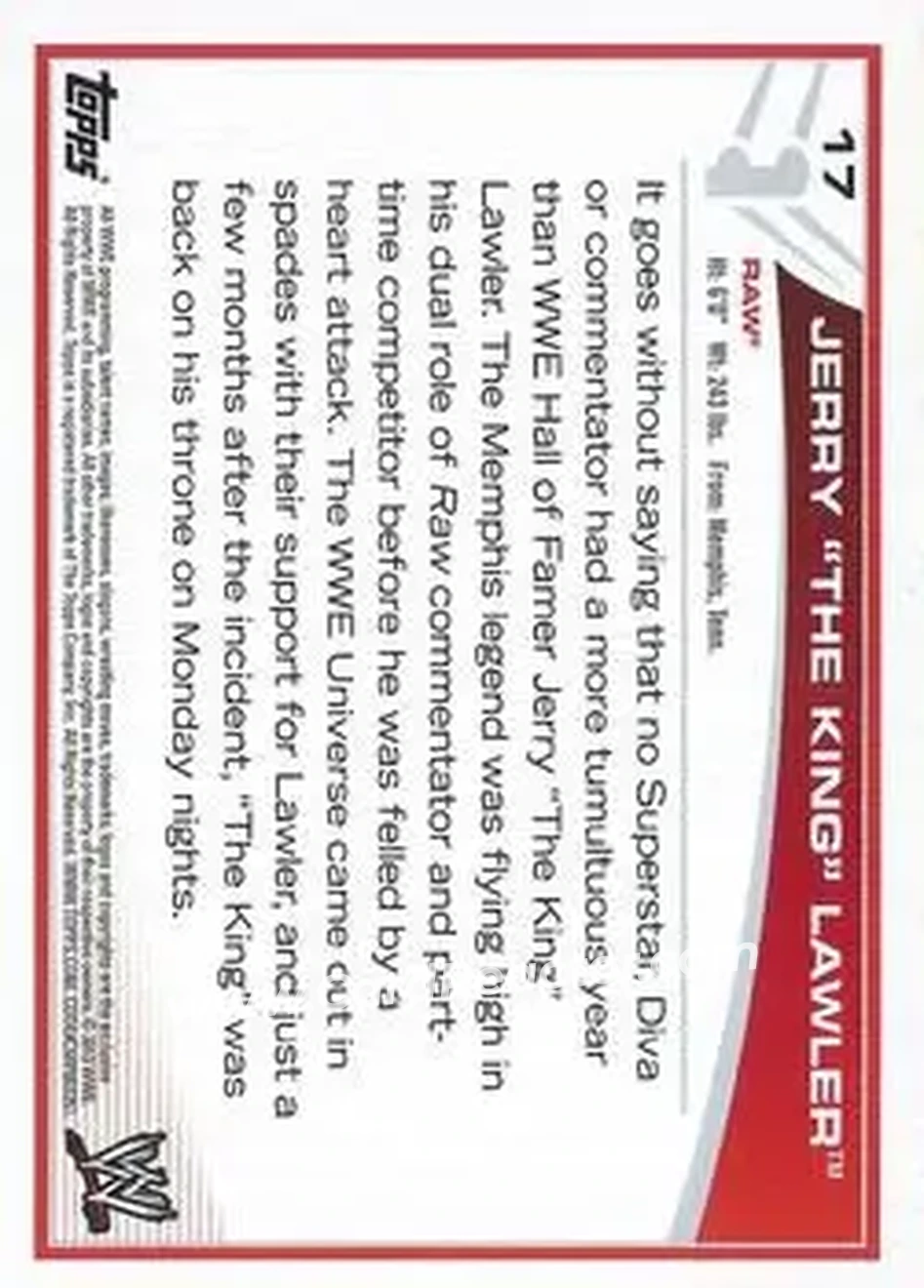 2013 Topps WWE #17 - Jerry Lawler - Back