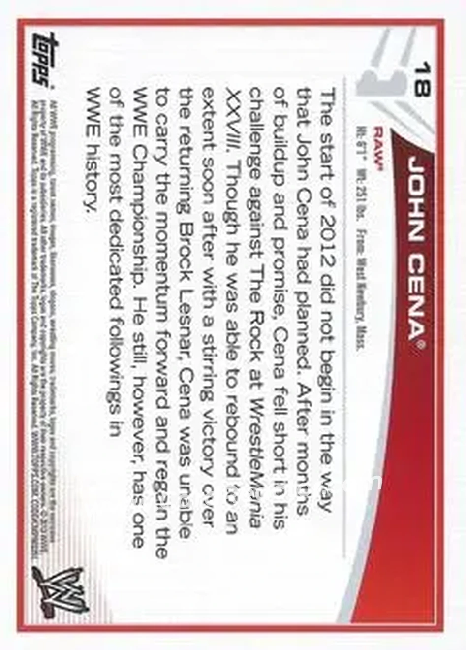 2013 Topps WWE #18 - John Cena - Back