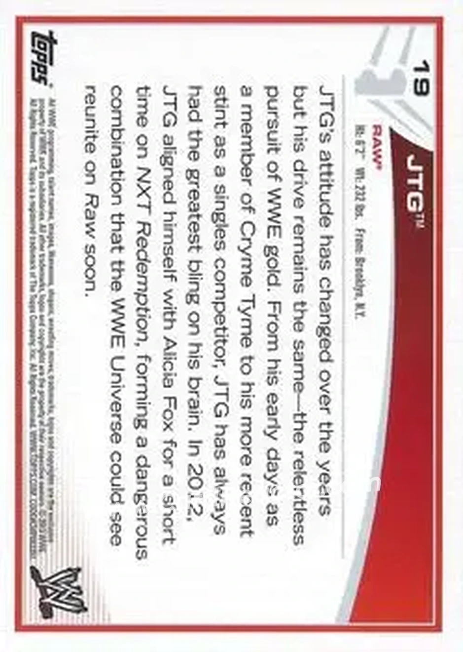 2013 Topps WWE #19 - JTG - Back