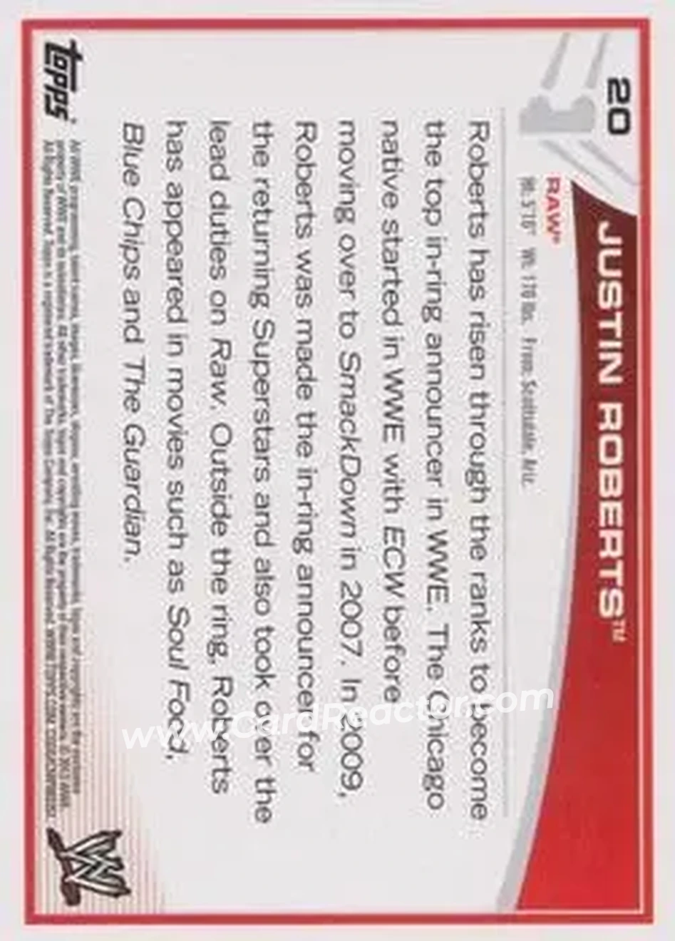 2013 Topps WWE #20 - Justin Roberts - Back