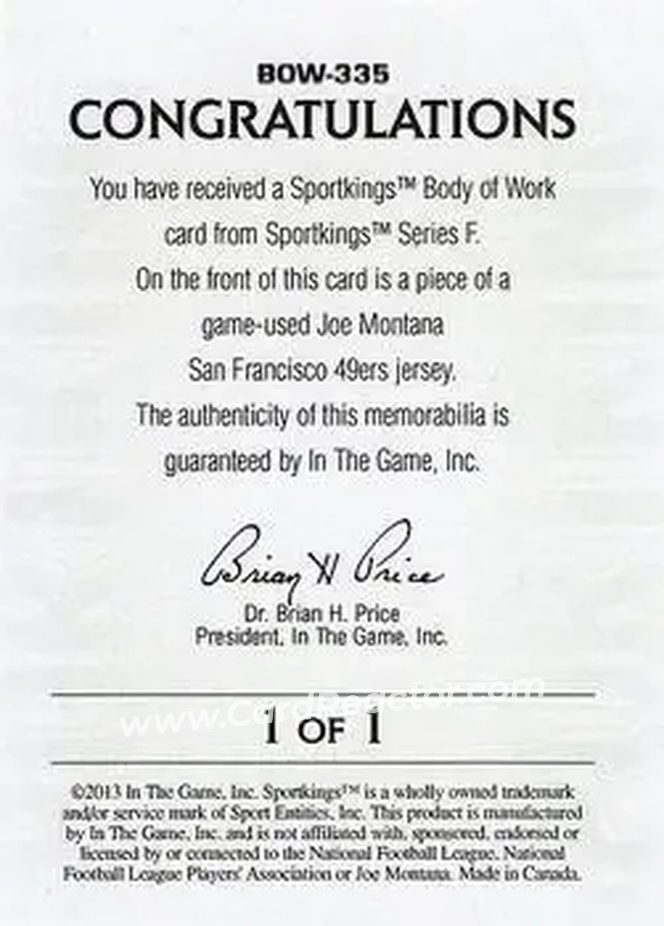 2013 Sportkings Series F - Body of Work #BOW-335 - Joe Montana - Back