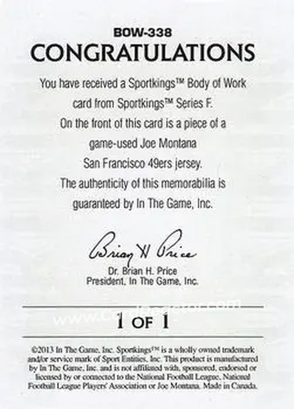 2013 Sportkings Series F - Body of Work #BOW-338 - Joe Montana - San Francisco 49ers - Back 2013 Sportkings Series F - Body of Work #BOW-338 - Joe Montana - San Francisco 49ers - Back