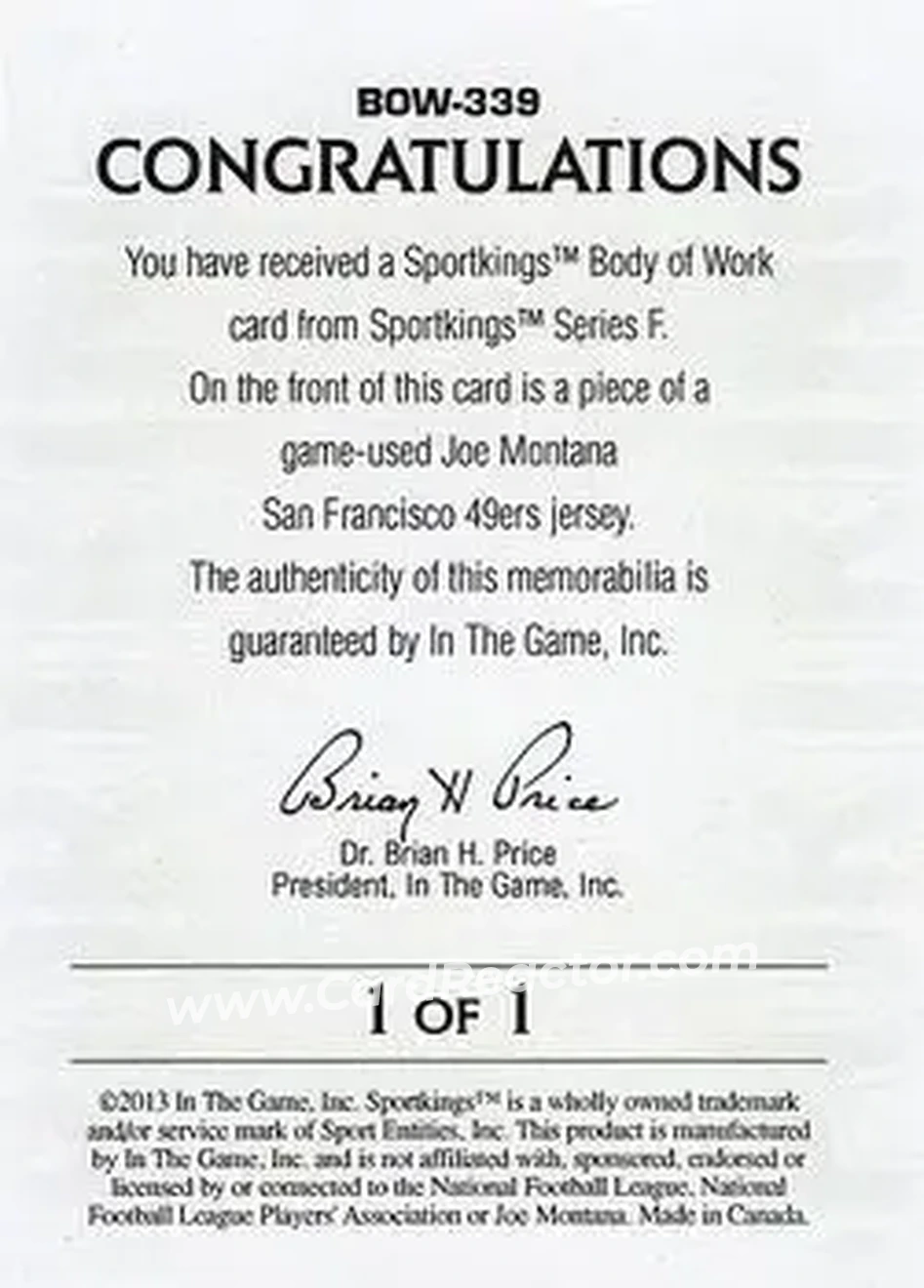 2013 Sportkings Series F - Body of Work #BOW-339 - Joe Montana - San Francisco 49ers - Back 2013 Sportkings Series F - Body of Work #BOW-339 - Joe Montana - San Francisco 49ers - Back
