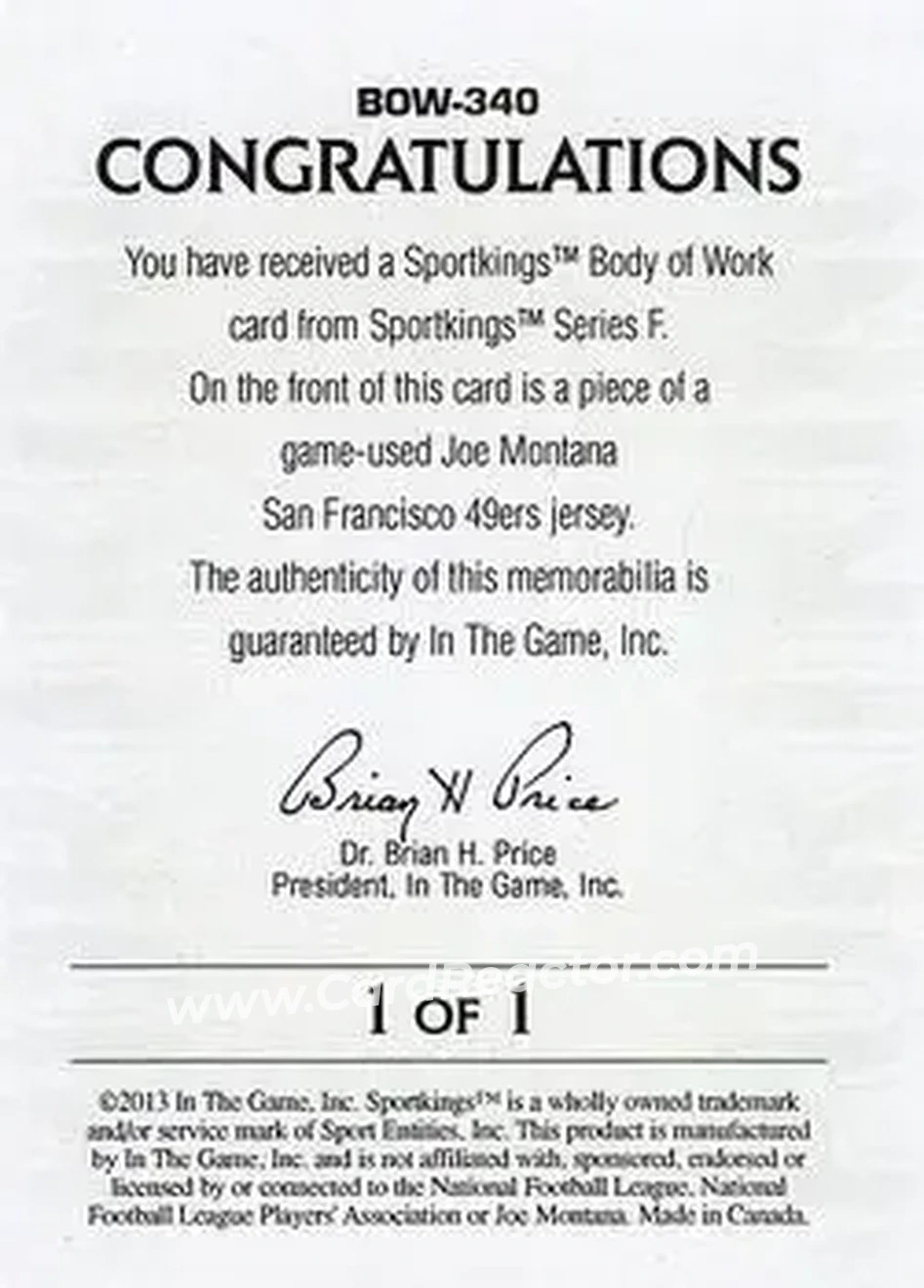 2013 Sportkings Series F - Body of Work #BOW-340 - Joe Montana - San Francisco 49ers - Back 2013 Sportkings Series F - Body of Work #BOW-340 - Joe Montana - San Francisco 49ers - Back