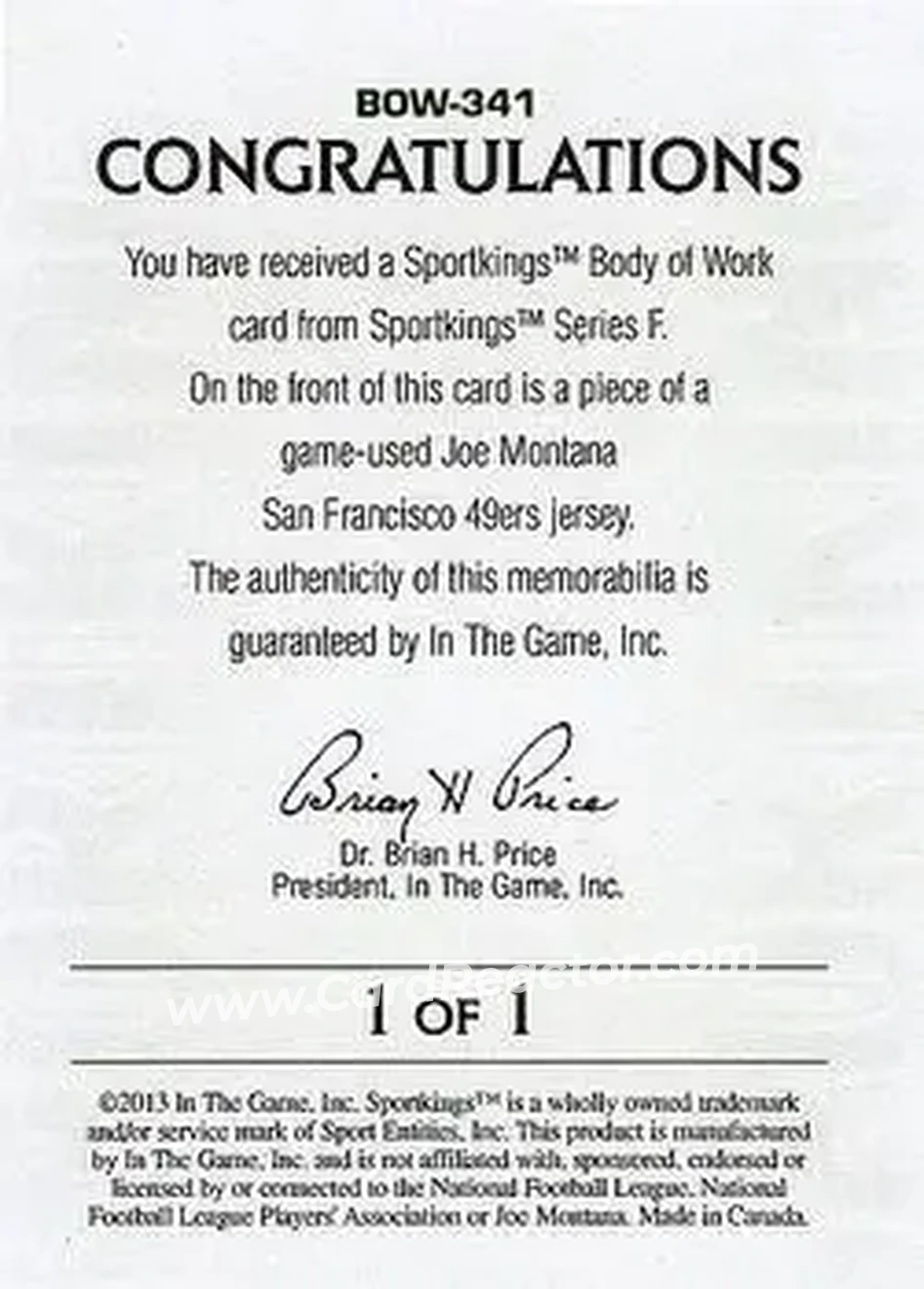 2013 Sportkings Series F - Body of Work #BOW-341 - Joe Montana - Back