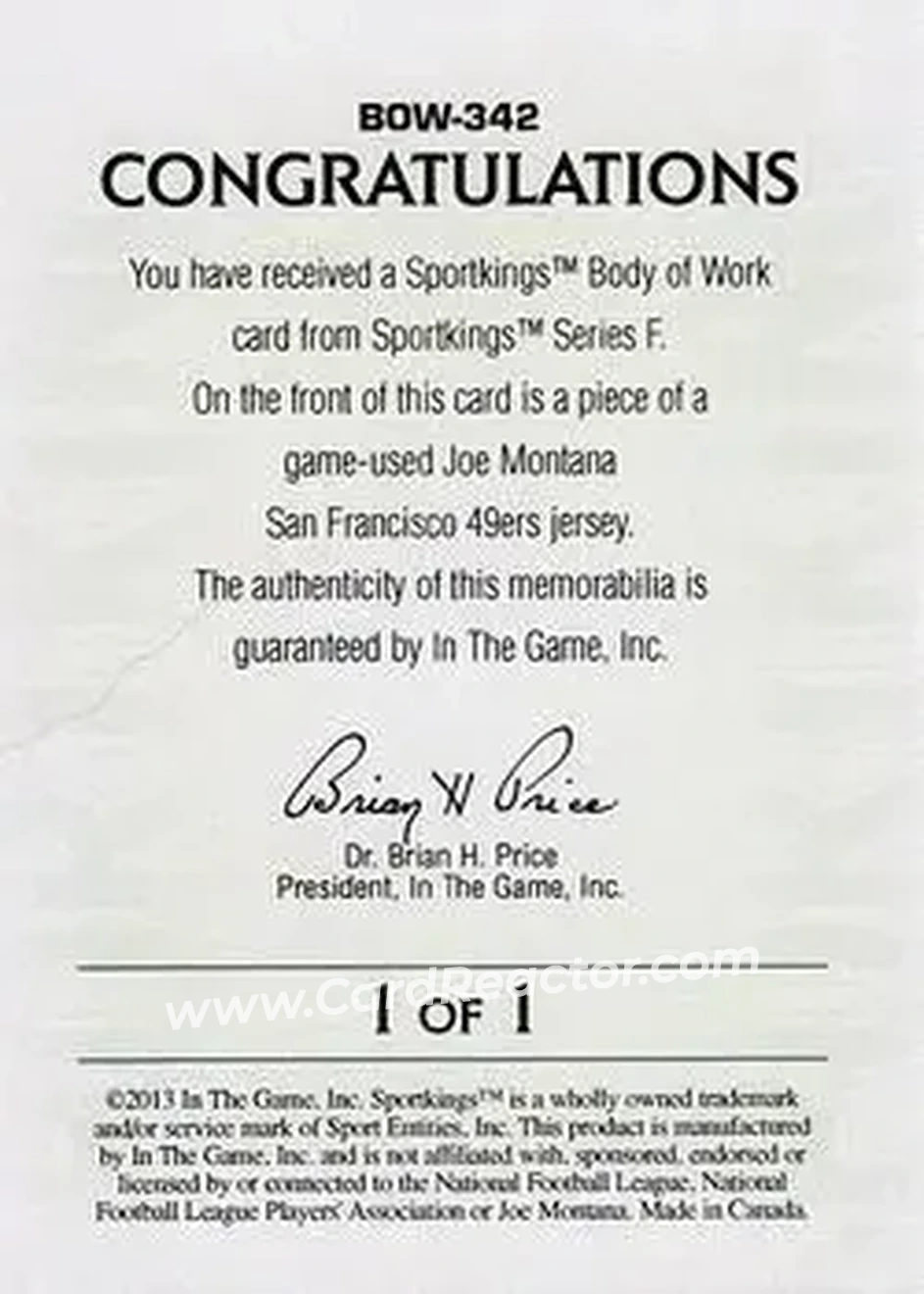 2013 Sportkings Series F - Body of Work #BOW-342 - Joe Montana - San Francisco 49ers - Back 2013 Sportkings Series F - Body of Work #BOW-342 - Joe Montana - San Francisco 49ers - Back