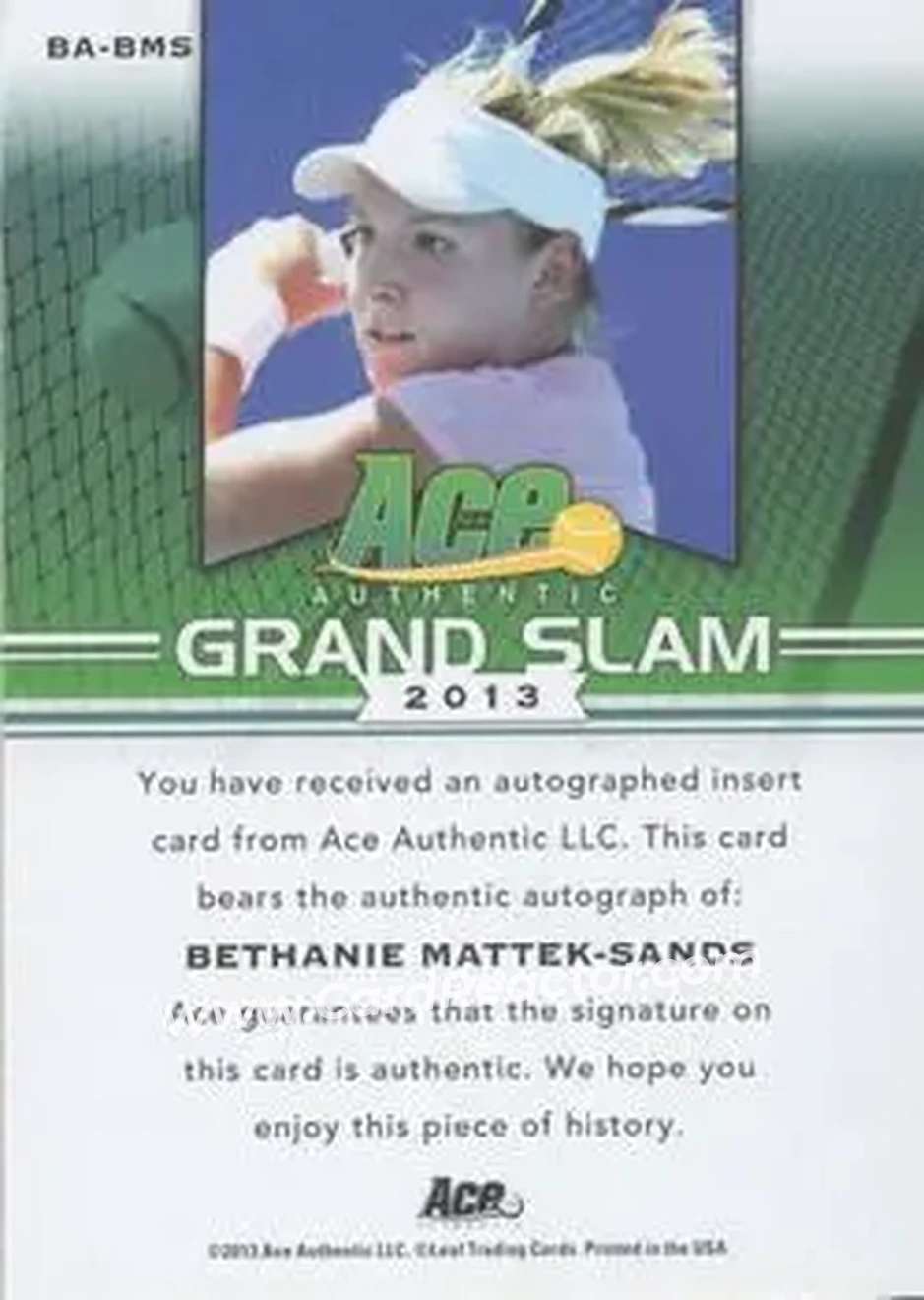 2013 Leaf Ace Authentic Grand Slam - Brown #BA-BMS - Bethanie Mattek-Sands - Back