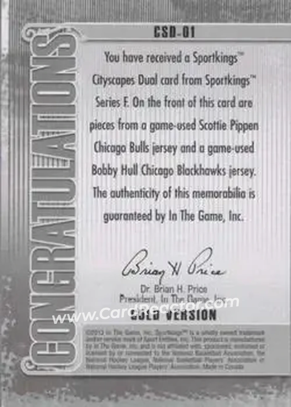 2013 Sportkings Series F - Cityscapes Double Gold #CSD-01 - Scottie Pippen - Bobby Hull MEM, PR10 - Chicago Bulls - Chicago Blackhawks - Back 2013 Sportkings Series F - Cityscapes Double Gold #CSD-01 - Scottie Pippen - Bobby Hull MEM, PR10 - Chicago Bulls - Chicago Blackhawks - Back