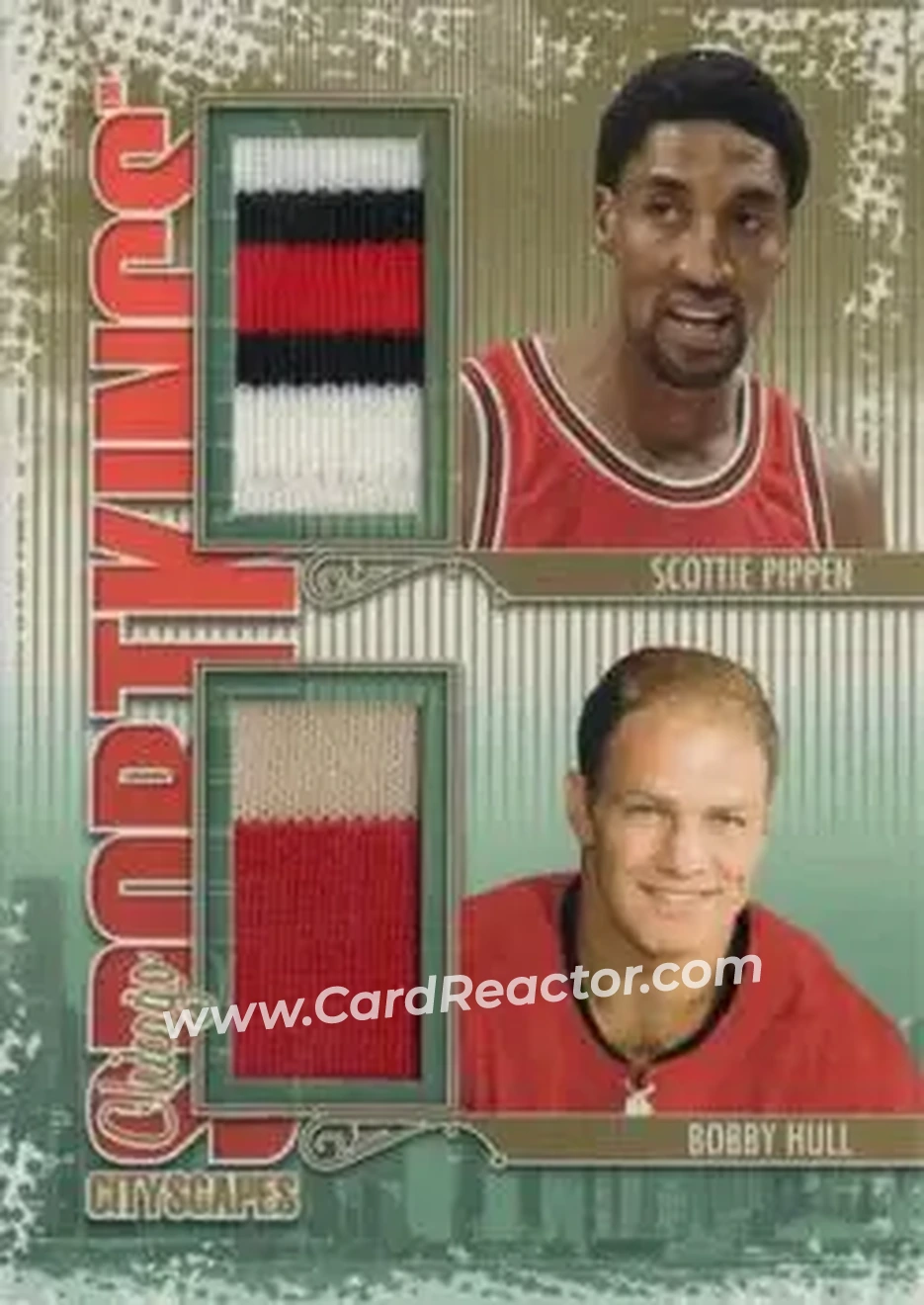 2013 Sportkings Series F - Cityscapes Double Gold #CSD-01 - Scottie Pippen - Bobby Hull MEM, PR10 - Chicago Bulls - Chicago Blackhawks - Front 2013 Sportkings Series F - Cityscapes Double Gold #CSD-01 - Scottie Pippen - Bobby Hull MEM, PR10 - Chicago Bulls - Chicago Blackhawks - Front