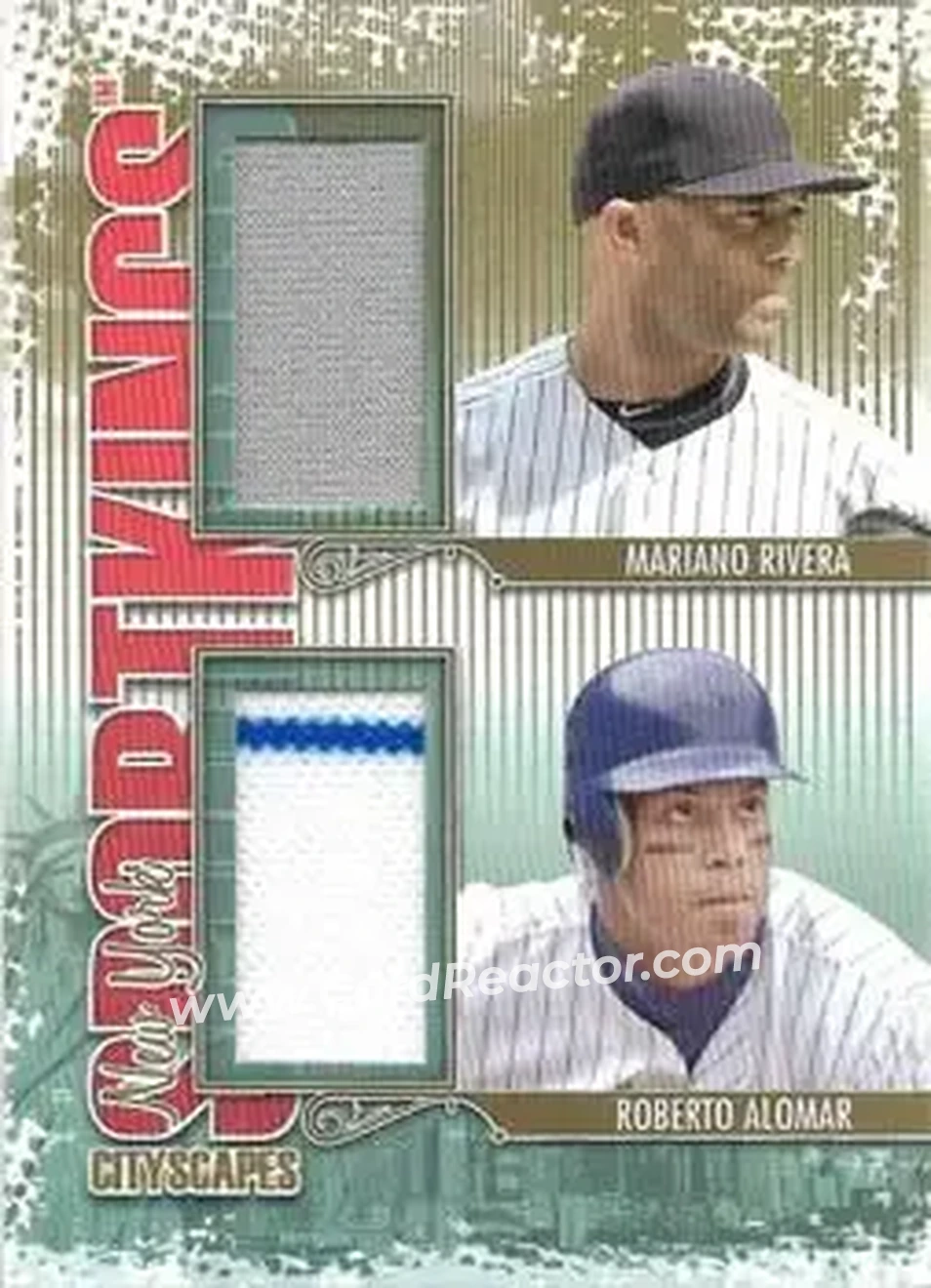 2013 Sportkings Series F - Cityscapes Double Gold #CSD-06 - Mariano Rivera - Roberto Alomar MEM, PR10 - New York Yankees - New York Mets - Front 2013 Sportkings Series F - Cityscapes Double Gold #CSD-06 - Mariano Rivera - Roberto Alomar MEM, PR10 - New York Yankees - New York Mets - Front