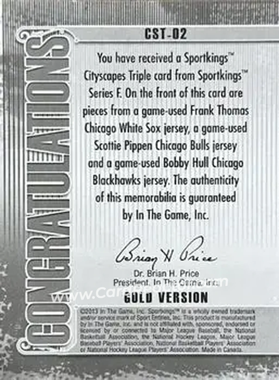2013 Sportkings Series F - Cityscapes Triple Gold #CST-02 - Frank Thomas - Scottie Pippen - Bobby Hull MEM, PR10 - Chicago White Sox - Chicago Bulls - Chicago Blackhawks - Back