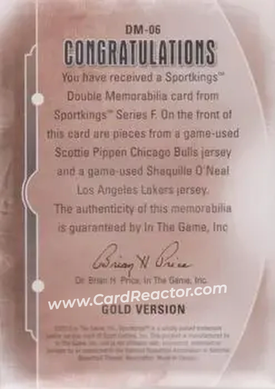 2013 Sportkings Series F - Double Memorabilia Gold #DM-06 - Scottie Pippen - Shaquille O'Neal MEM, PR10 - Back