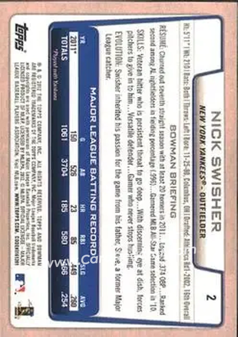 2012 Bowman #2 - Nick Swisher - New York Yankees - Back