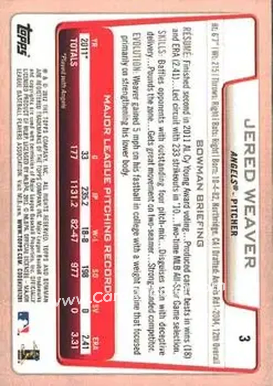 2012 Bowman #3 - Jered Weaver - Los Angeles Angels - Back