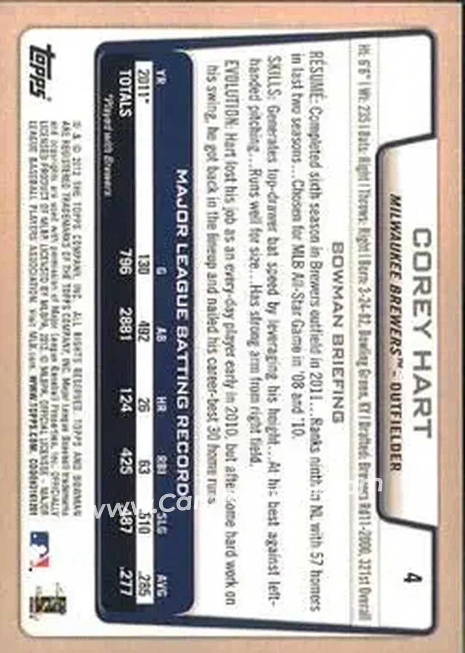 2012 Bowman #4 - Corey Hart - Milwaukee Brewers - Back