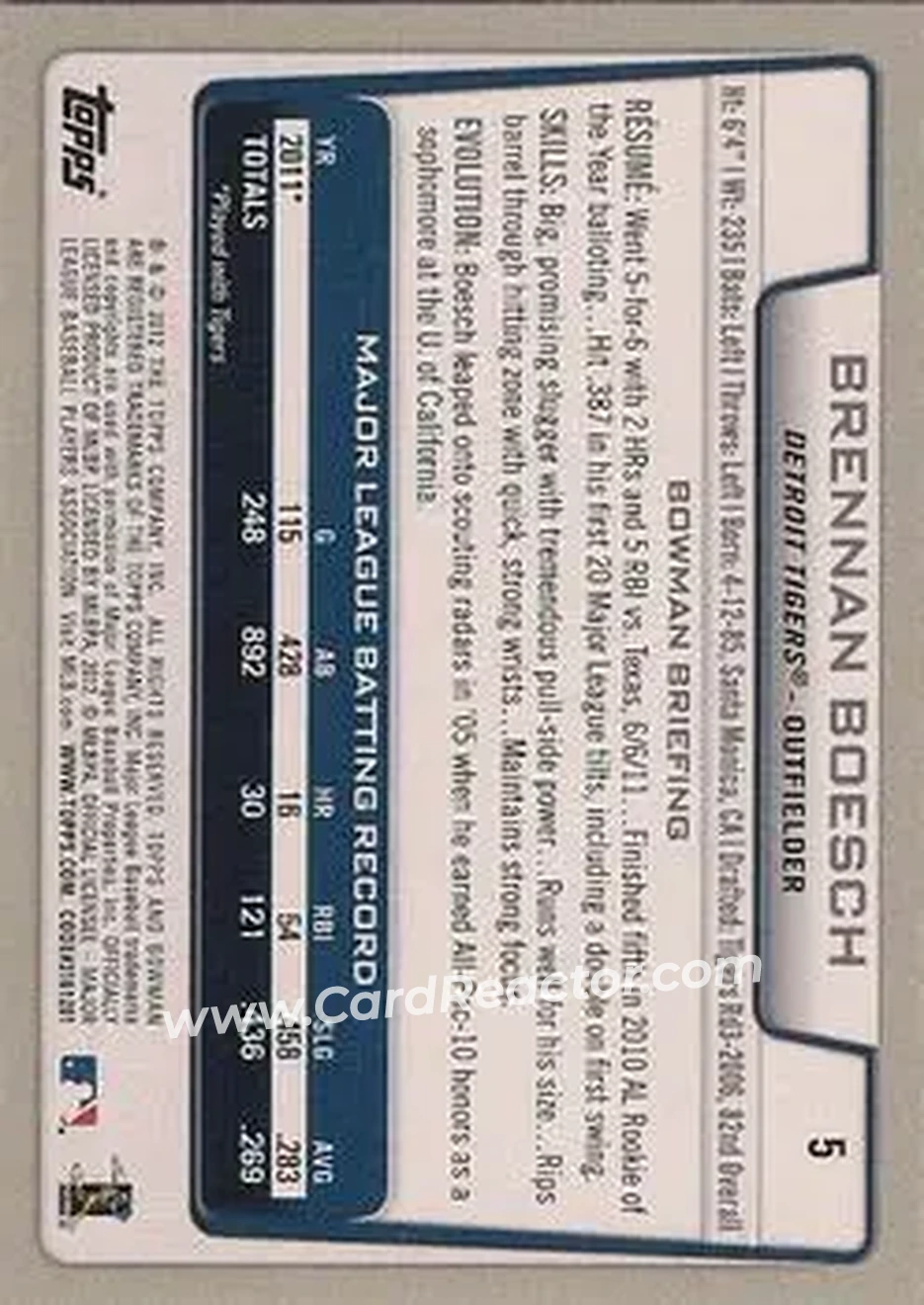 2012 Bowman #5 - Brennan Boesch - Detroit Tigers - Back 2012 Bowman #5 - Brennan Boesch - Detroit Tigers - Back