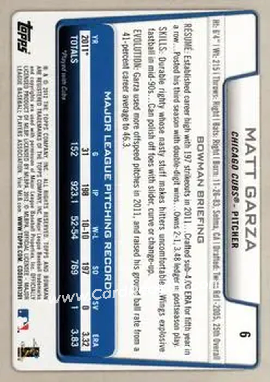 2012 Bowman #6 - Matt Garza - Chicago Cubs - Back